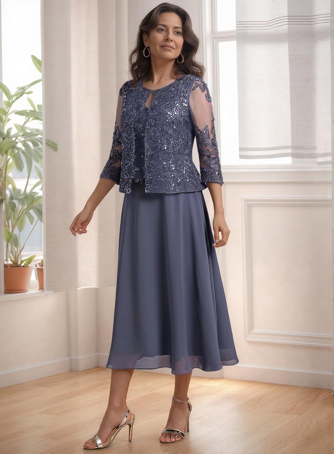 2 Piece Mother of The Bride Dresses Tea Length Chiffon Lace 3/4 Sleeves Mother of The Groom Dresses with Jacket