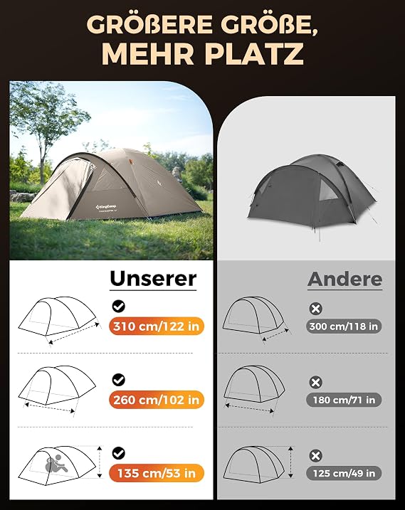 KingCamp Zelt 4 Personen Geräumiges Camping Zelt mit Vorraum & PVC-Fenster Einfach Aufzubauendes Doppelzelt 3000mm Wasserdichtes Zelt Leichtes Kuppelzelt für Outdoor Garten Camping