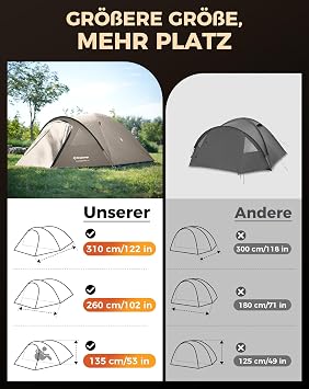 KingCamp Zelt 4 Personen Geräumiges Camping Zelt mit Vorraum & PVC-Fenster Einfach Aufzubauendes Doppelzelt 3000mm Wasserdichtes Zelt Leichtes Kuppelzelt für Outdoor Garten Camping