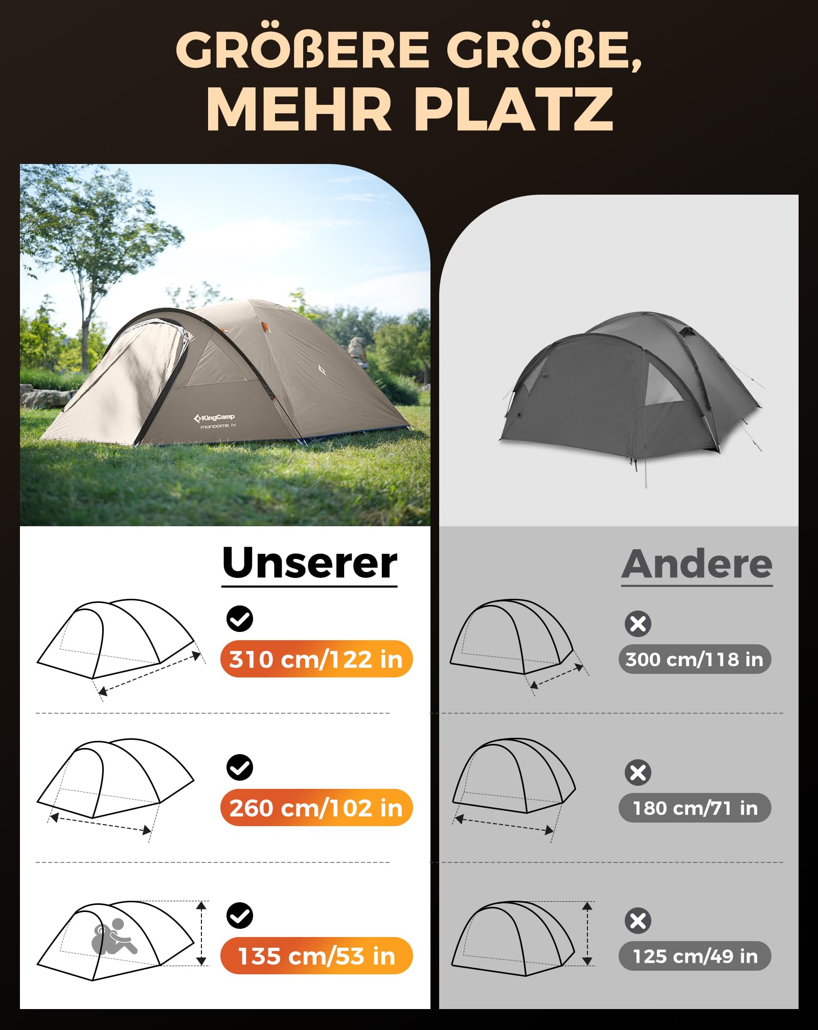 KingCamp Zelt 4 Personen, Geräumiges Camping Zelt mit Vorraum & PVC-Fenster, Einfach Aufzubauendes Doppelzelt, 3000mm Wasserdichtes Zelt, Leichtes Kuppelzelt für Outdoor Garten Camping