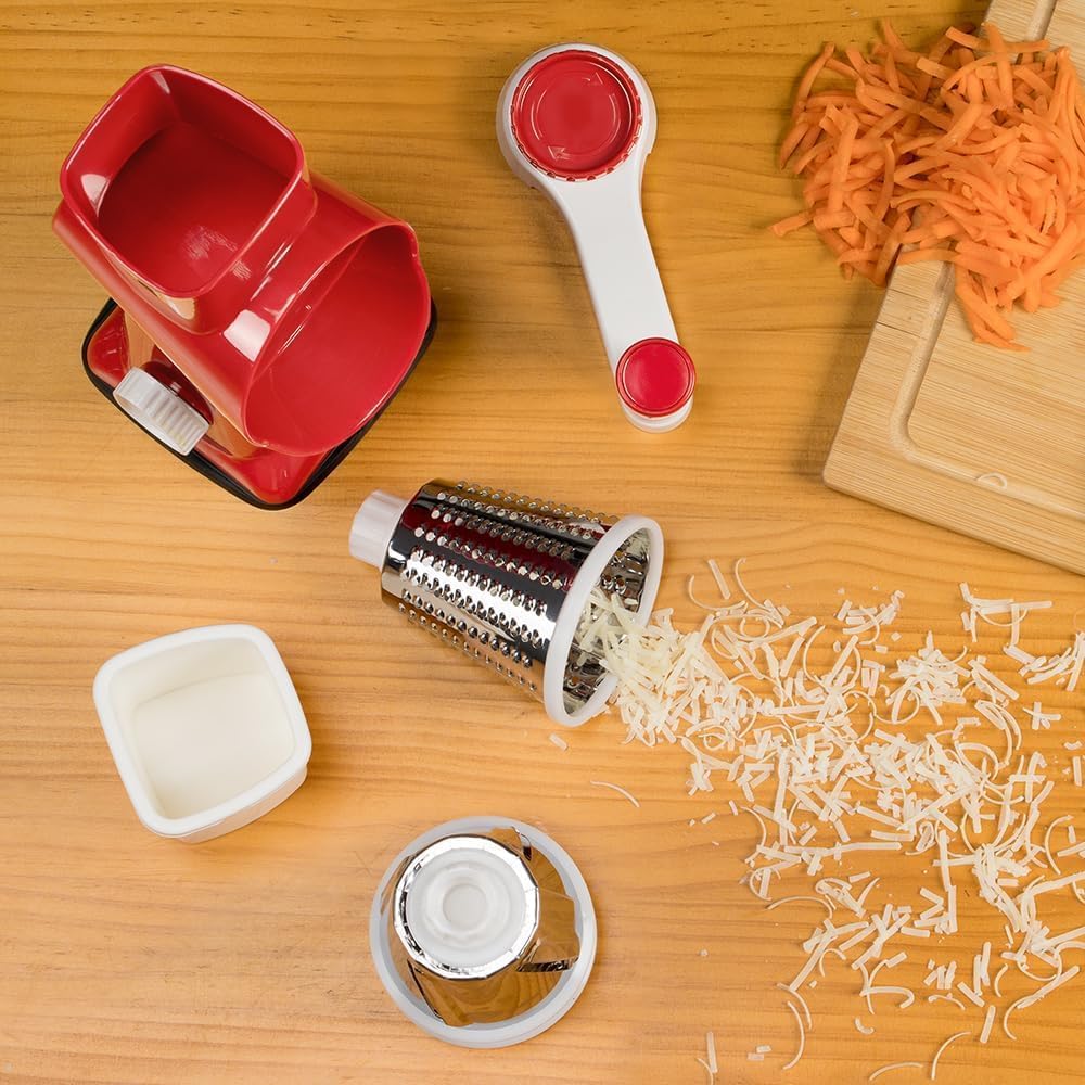 KEOUKE Rallador giratorio de queso con manivela roja – Trituradora de 3 cuchillas de acero inoxidable, succión estable, mango que ahorra trabajo, herramienta de cocina segura para queso, verduras