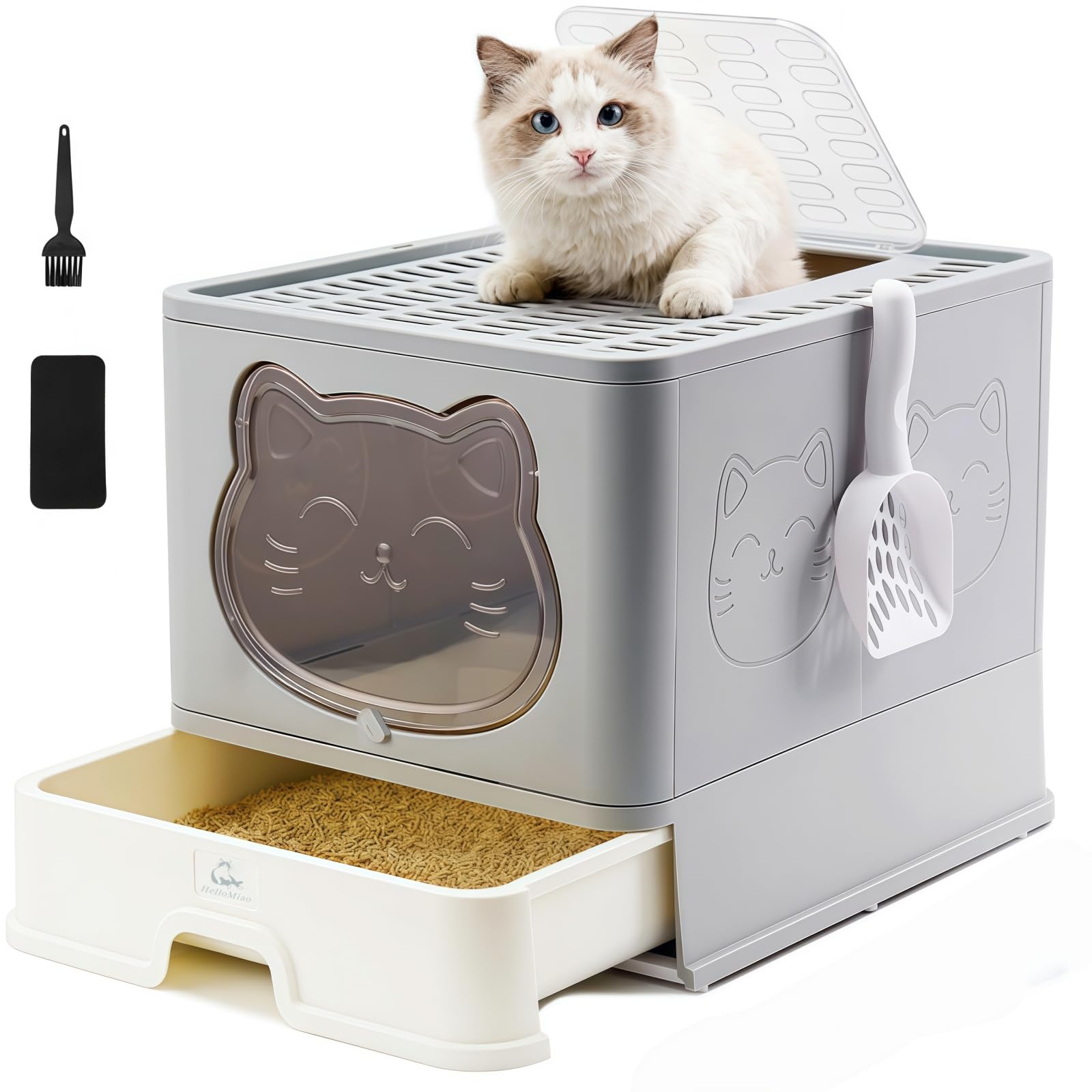 Vollständig Geschlossene Geruchsfreie Indoor-Katzentoilette mit Dach/Deckel,Katzenklo in Groß,Cat Litter Box Schubladensystem & Klappbar mit Praktischer Katzenstreuschaufel