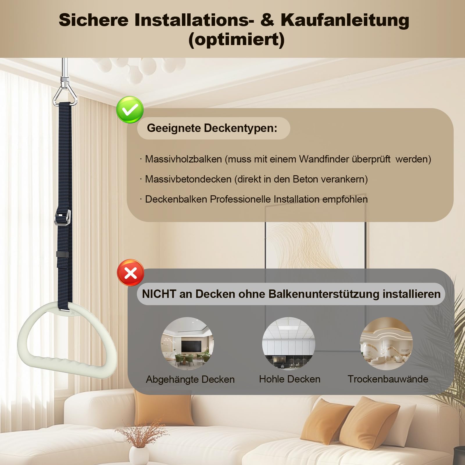 Bettgalgen für ältere Menschen, Deckenmontage-Galgen für Bett, Stehhilfe zum Aufsetzen auf und Aufstehen vom Bett, komfortabler & breiter Triangelgriff, höhen- und tiefenverstellbar, Tragkraft 300 kg