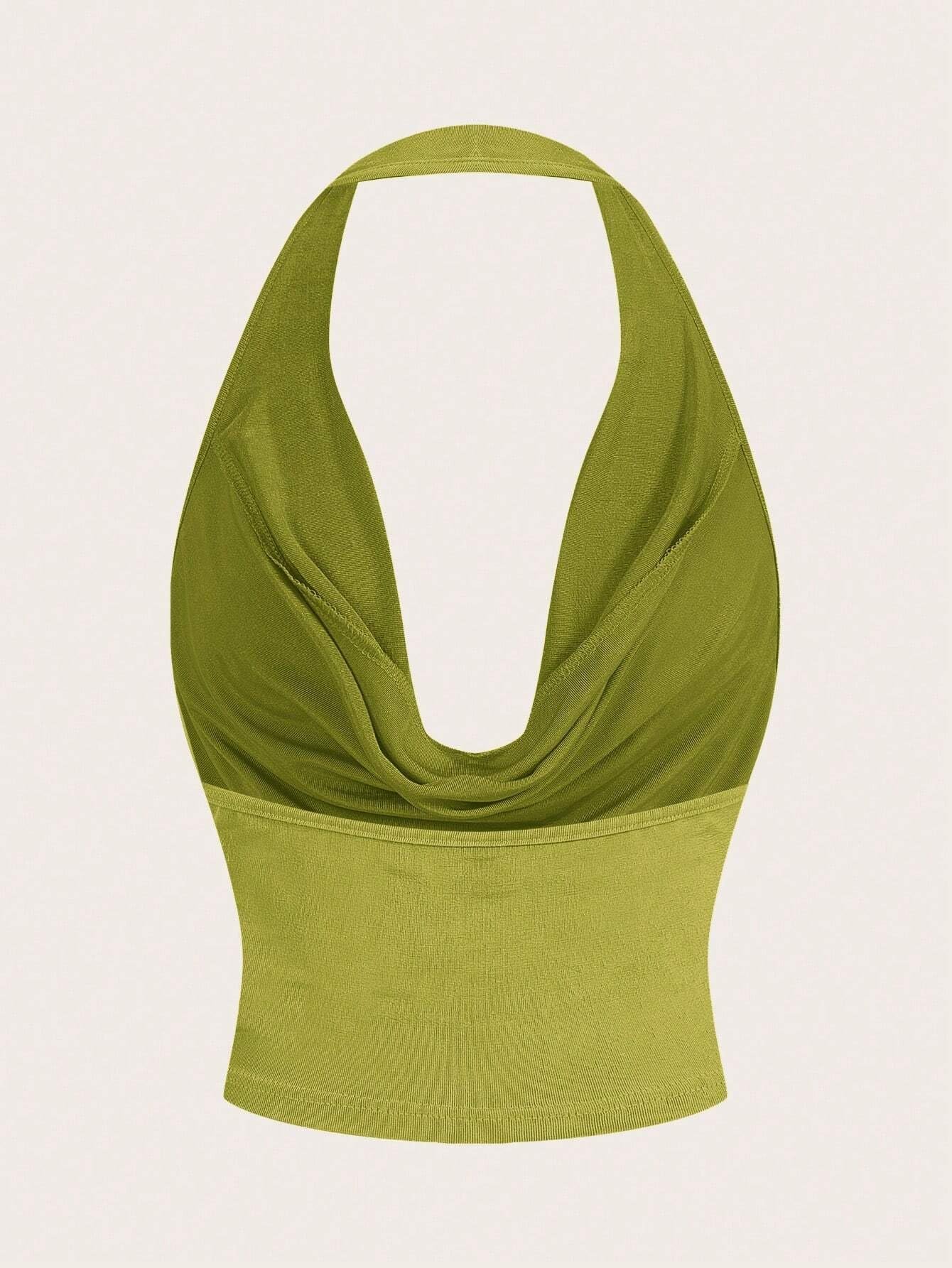 Générique Crop Top débardeur Femme froncé col Rond, sans Manches, Dos Nu drapé (Vert M)