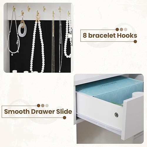 Miniatura 5 de HAUOMS Tocador de maquillaje con luces y espejo deslizante, escritorio con organizador de joyas, armario de cristal y 5 cajones, tocador, blanco