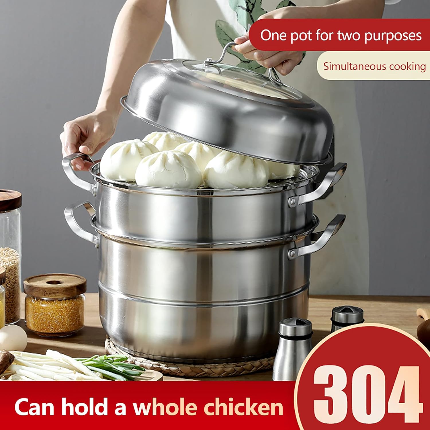 304 Stainless Steel Steamer Pot - 12.8 Inch 5-Tier Food Steamer with Lid for Vegetables, Seafood, Pasta | Multipurpose Cookware for Healthy Cooking (32.5cm)