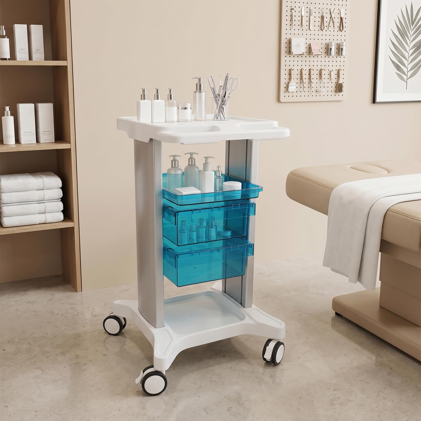 Wózek medyczny z 2 szufladami, 1 półka do laboratorium | Wózek kosmetyczny z obrotowymi kółkami Mobilny wózek do serwowania udźwig 100 kg 44,5 x 41,7 x 75 cm biały, niebieski