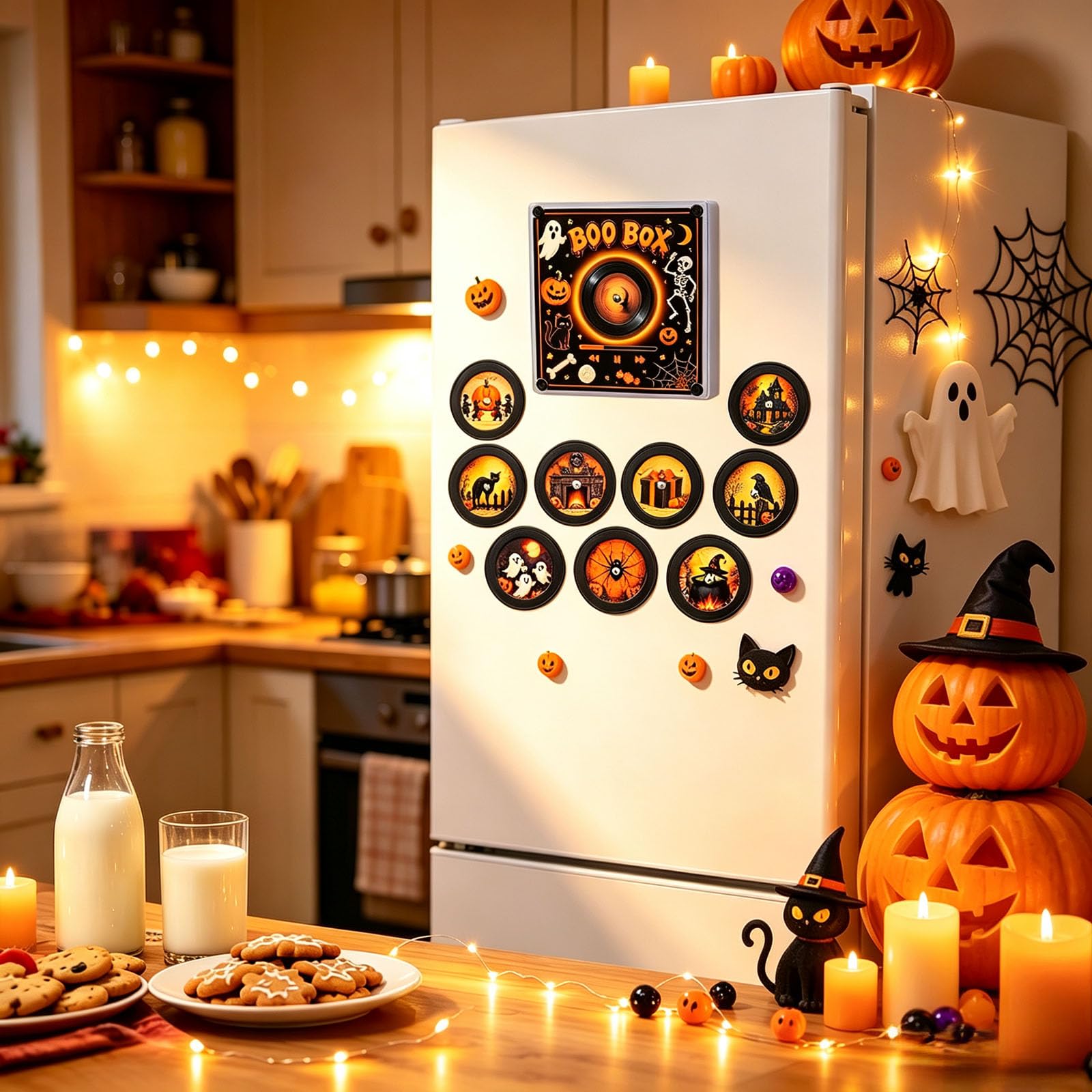 Aimant de Frigo Musical Noel, Lecteur Vinyle Aimanté pour Frigo, Aimants Réfrigérateur Rétro Vinyle NFC Programmables avec LED, 9 Disques, Musique Personnalisable，Blanc4