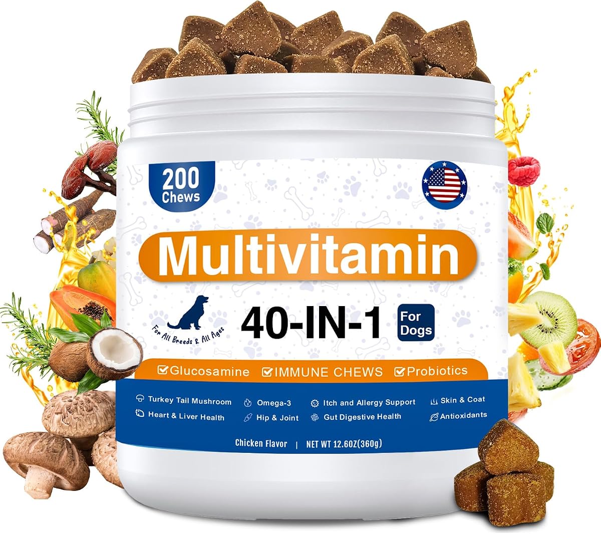Dog Multivitamin, 40-in-1 Dog Vitamins and Supplements Chewable Contain Probiotics Omega-3 Glucosamine, Multivitamin for Dogs Skin Coat Heart Joint Liver Brain Eyes Immune Support (200ct)