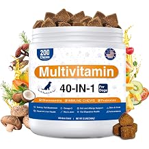Dog Multivitamin, 40-in-1 Dog Vitamins and Supplements Chewable Contain Probiotics Omega-3 Glucosamine, Multivitamin for Dogs Skin Coat Heart Joint Liver Brain Eyes Immune Support 200ct