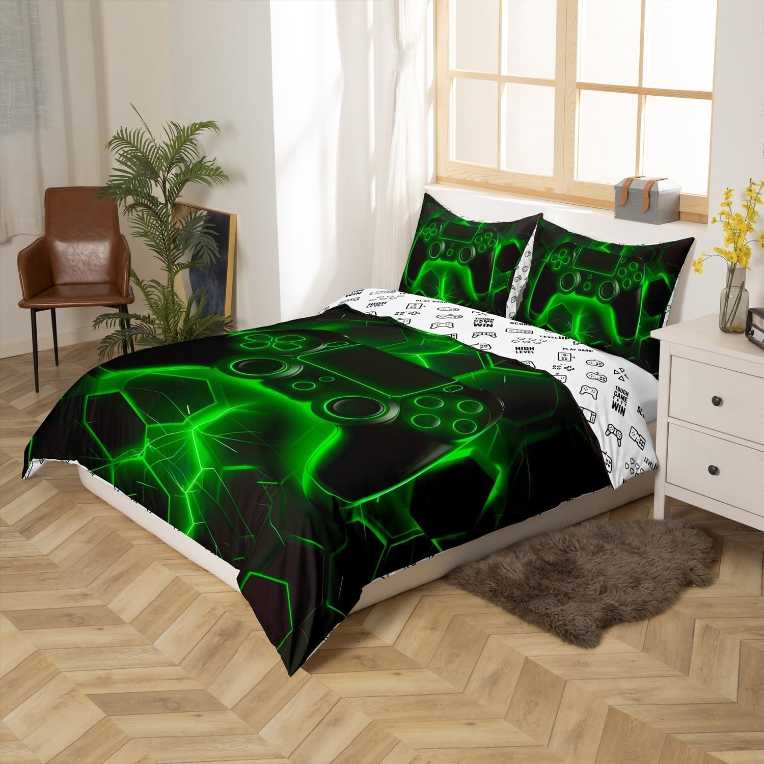 Loussiesd Gaming Duvet Cover Set Honeycomb Gamepad Bedding Set for Kids Boys Teens Tie Dye Lightnings Video Game Comforter Cover Green Gamer Quilt Cover Bedroom Collection 2Pcs Single Size - Image 3