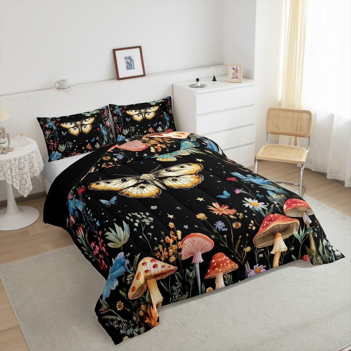 Feelyou Boho Moth Comforter Set for Kids Boys Girls Bohemian Butterfly Floral Comforter Queen Size Wild Mushroom Bedding Set Bedroom Boho Decor Duvet Set Quilt Set 3Pcs