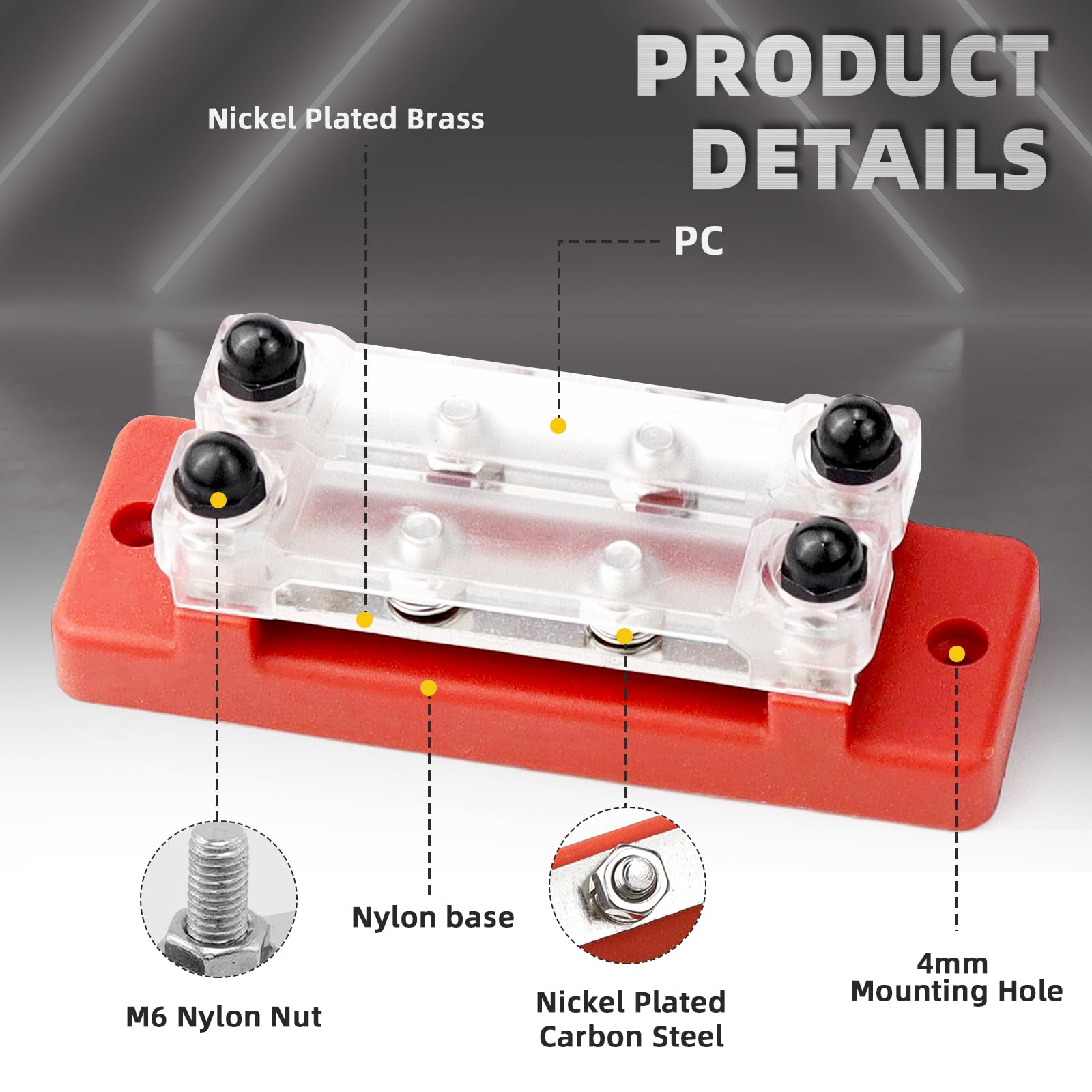 Distributore di corrente con barra collettrice, 12 V-48 V CC, 250 A, 4 bulloni a vite M8, 2 pezzi, Nero-Rosso (B-Nero e Rosso)