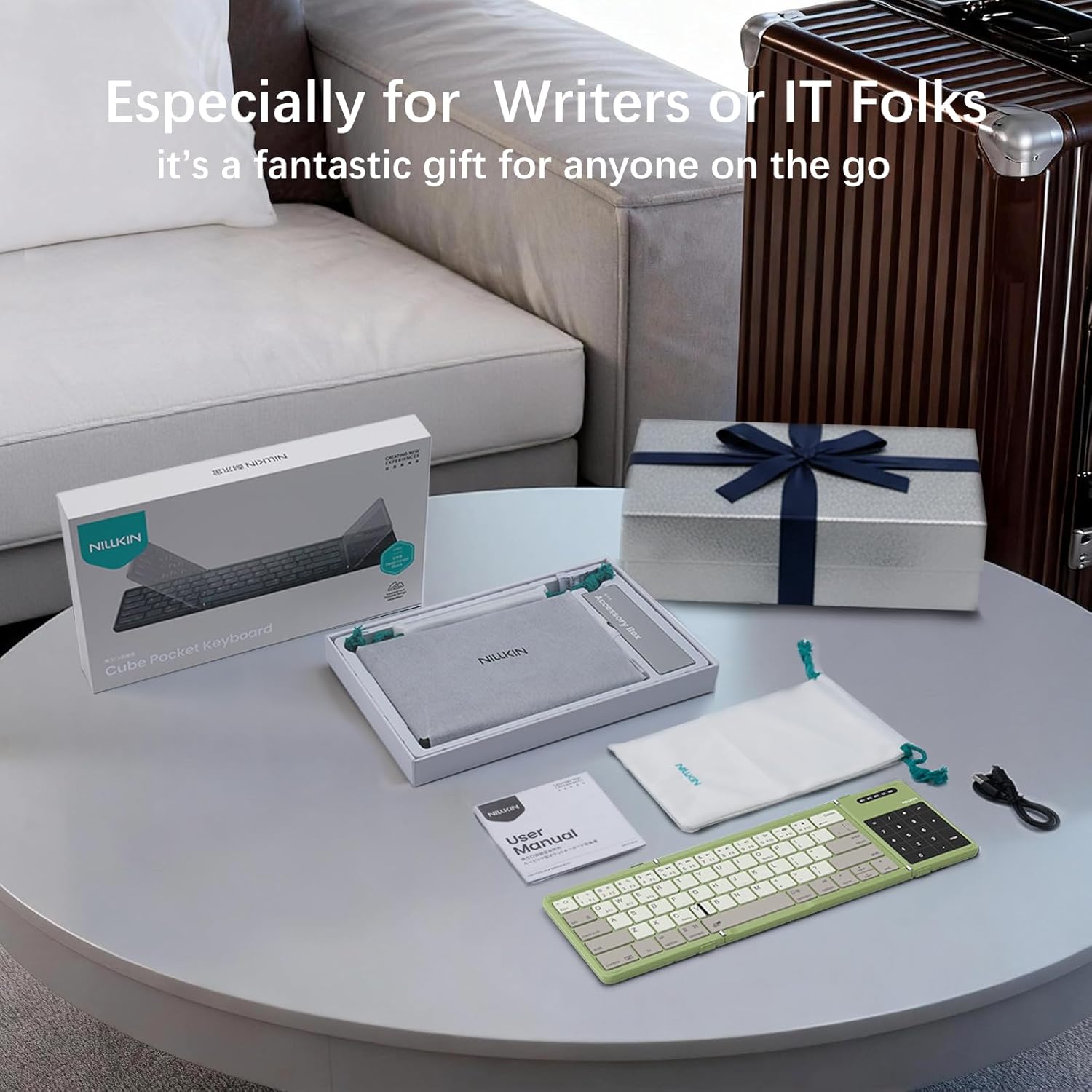 Nillkin Upgraded Foldable Bluetooth Keyboard with Touchpad & Number Pad, Portable Wireless Keyboard for Travel, Pocket-Sized, Full Size Keys, Support 3 Devices for iPad Laptop Tablets Phone, Green