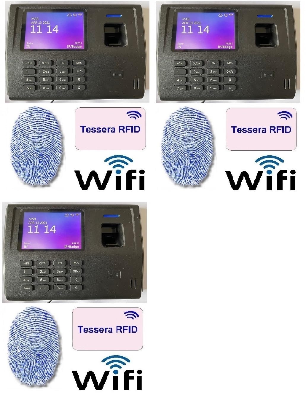 3 RILEVATORI PRESENZE WIFI MARCATEMPO, 40 TESSERE, L'UNICO CON CORSO ISTRUZIONE SOFTWARE PER 4 MESI, IMPRONTA DIGITALE+RFID, WEBSERVER, SOFTWARE IN ITALIANO. VENDUTO DA AZIENDA ITALIANA