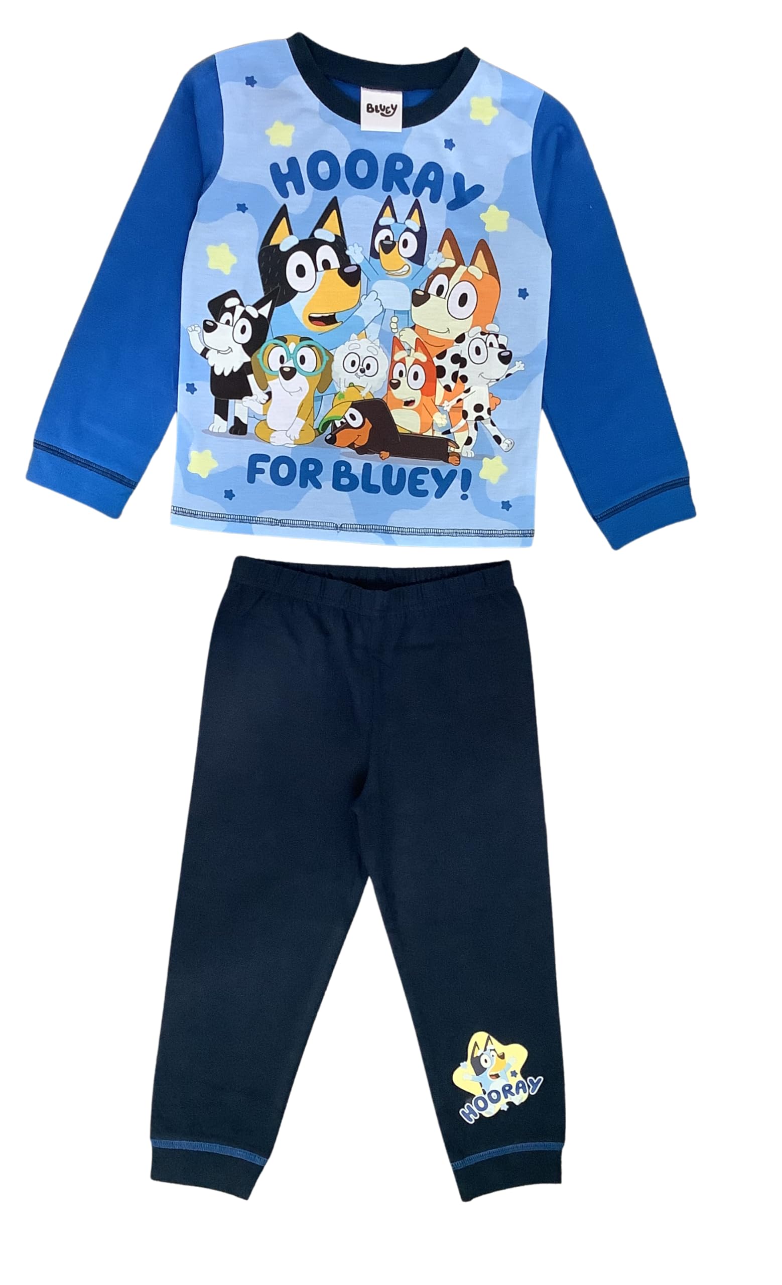 Bluey Boys or Girls Pyjamas, 2 Piece Set featuring, Bingo, Mum, Dad & Friends Hooray, Blue Age 2-3 Years