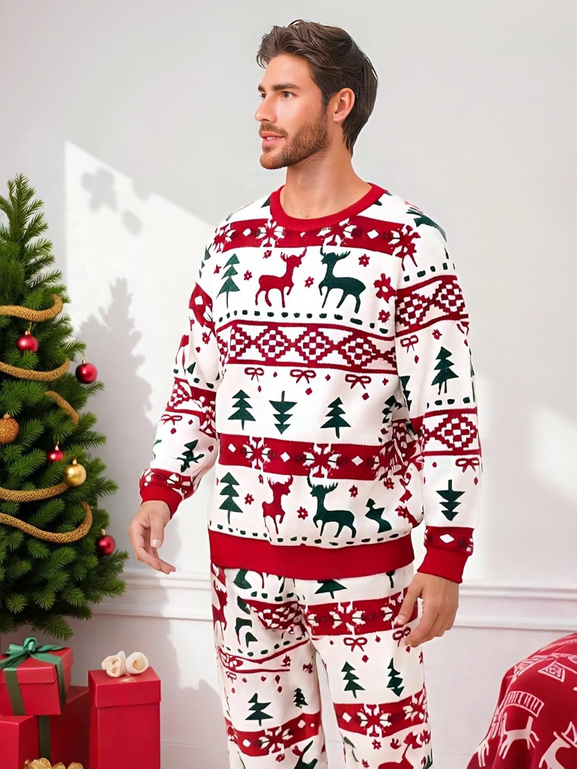 Matching Pajamas Set Long Sleeve Crew Neck Tops and Pant Couples Pjs Casual Sleepwear Sets Loungewear for Women Men - Image 5