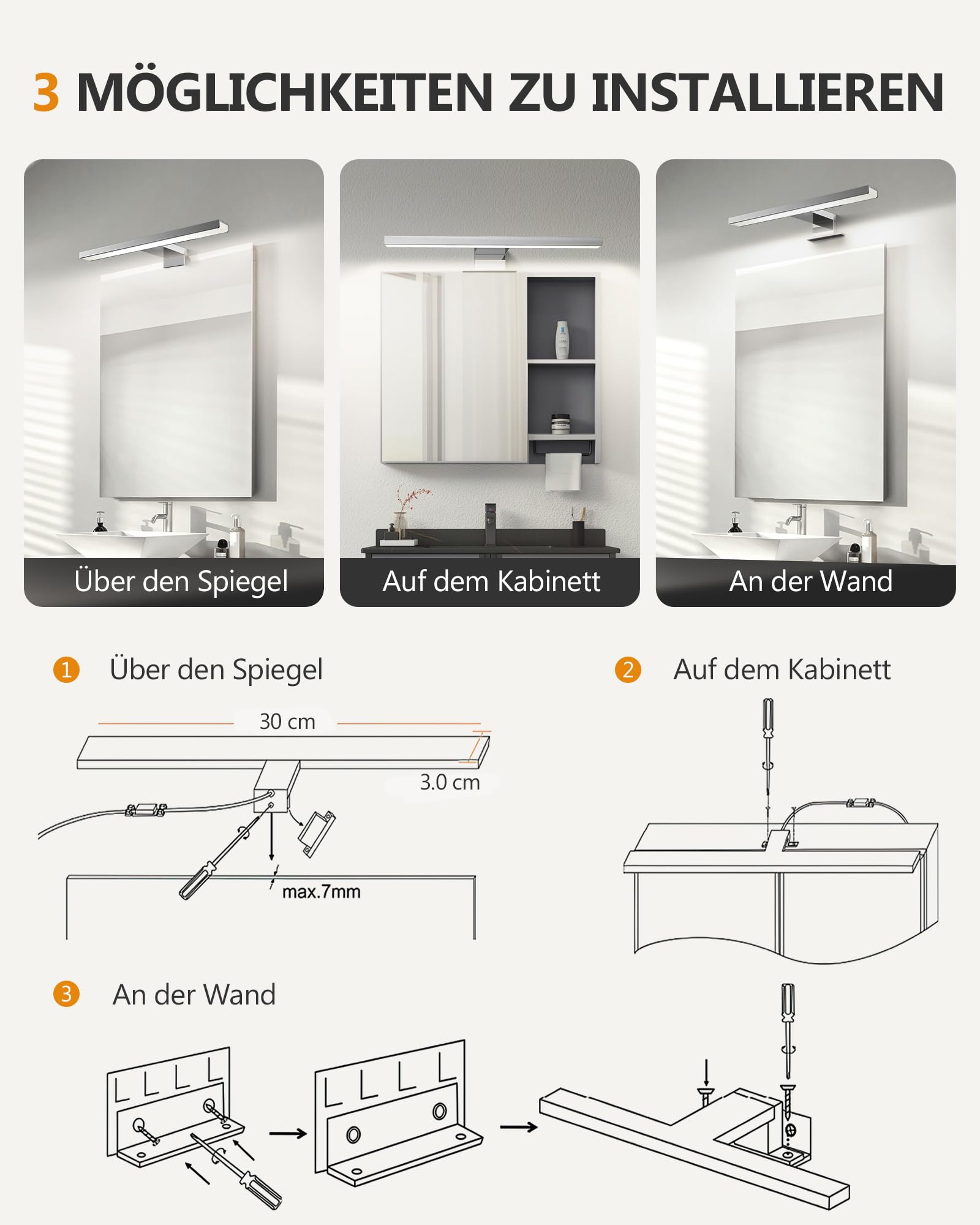 Hommie LED Spiegelleuchte Bad mit Schalter 30CM 5W 4000K Neutralweiß Aluminiumlegierung Spiegellampe Badezimmer Lampe 230V Schrankleuchte Schminklicht Spiegel Beleuchtung IP44 Wasserdicht