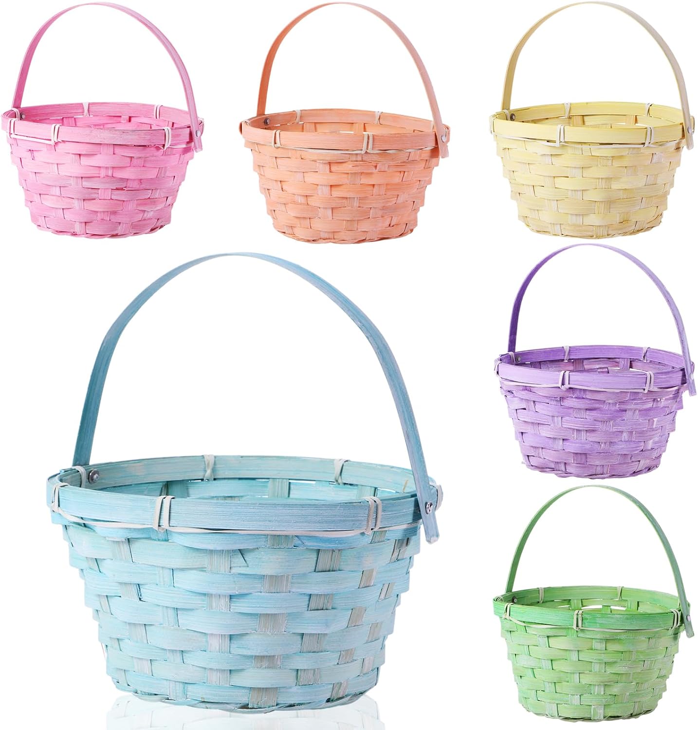 Yulejo 6 Pieces Easter Woven Bamboo Basket Round Small Woven Basket with Handle Buckets for Easter Egg Hunt Picnic Party Supplies Birthday Decoration(Plaid)