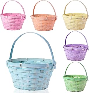Yulejo Easter Woven Bamboo Basket Round Small Woven Basket with Handle Buckets for Easter Egg Hunt Picnic Party Supplies Birthday Decoration(6 Pieces, Lovely)