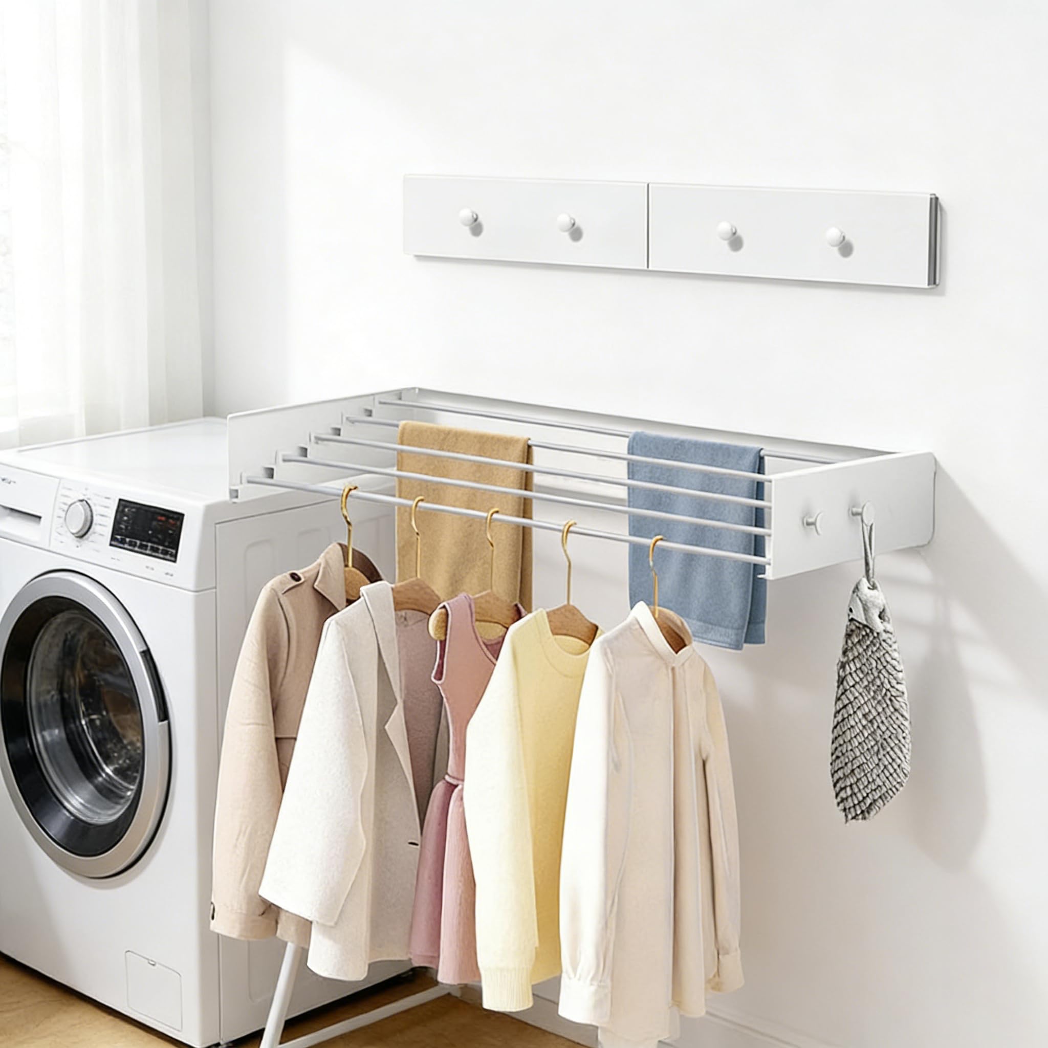 Séchoir à linge pliable pour montage mural, capacité de charge de 25 kg, peu encombrant, idéal pour la salle de bain, le balcon et les petits appartements, installation facile (5 barres de