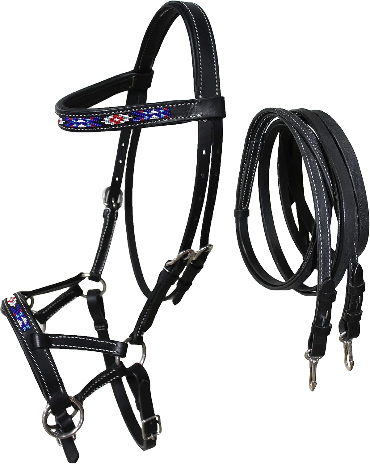 CHALLENGER Horse Western Black Leather Bitless Sidepull Beaded Bridle Reins 77RT24BK-F