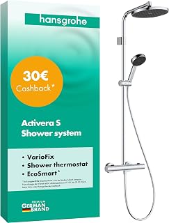 hansgrohe Activera S - wassersparendes Duschsystem (EcoSmart) mit Thermostat, Regendusche (240 mm) mit Armatur, Handbrause (2 Strahlarten), Schlauch, Brausestange und Kopfbrause, Chrom, 28078000