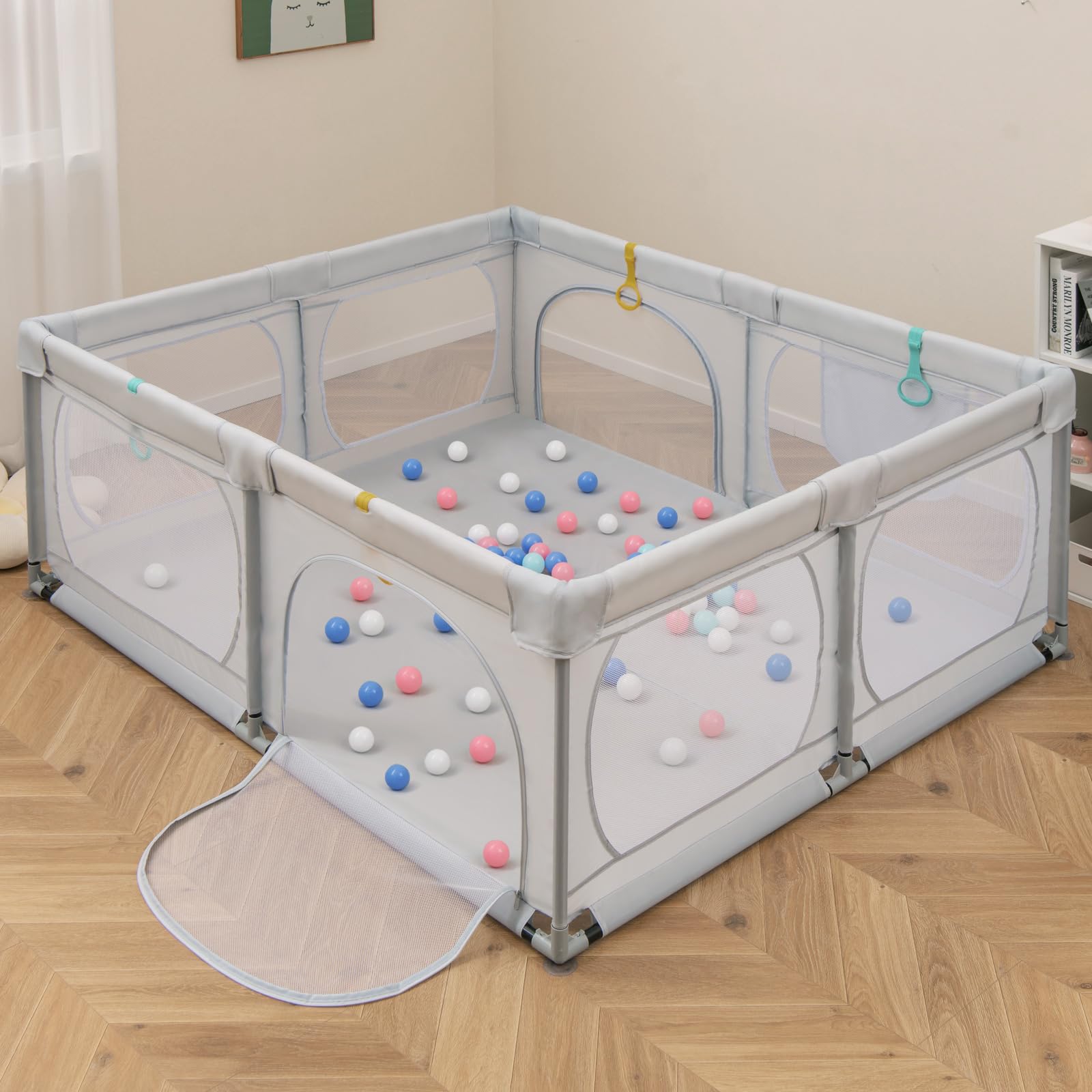 COSTWAY Kojec dla niemowląt 189 x 158 cm, kojec dla dzieci z 50 piłkami do zabawy, 4 pierścieniami do ciągnięcia i 4 drzwiami z zamkiem błyskawicznym, kratka do raczkowania z oddychającą siatką,