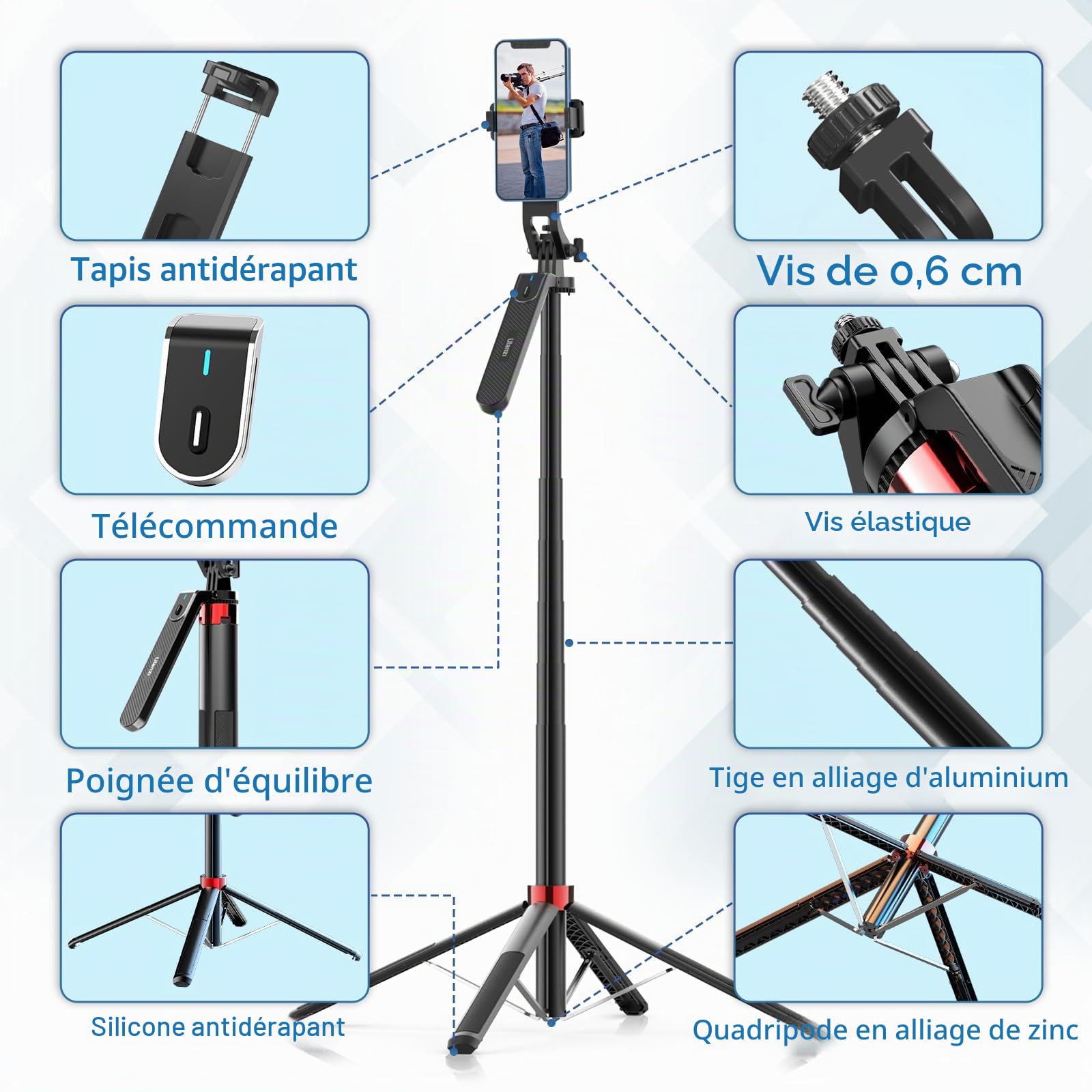 Trépied Selfie Stick, ULANZI Extensible 180CM Selfie Stick Quad Trépied avec Télécommande Bluetooth, Compatible avec Téléphone Mobile