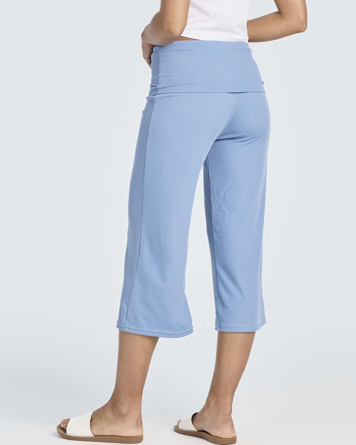 Real Essentials 3 Pack: Women's Ribbed Foldover Wide Leg Loose Capri Open Bottom Yoga Lounge Pants (Available in Plus)