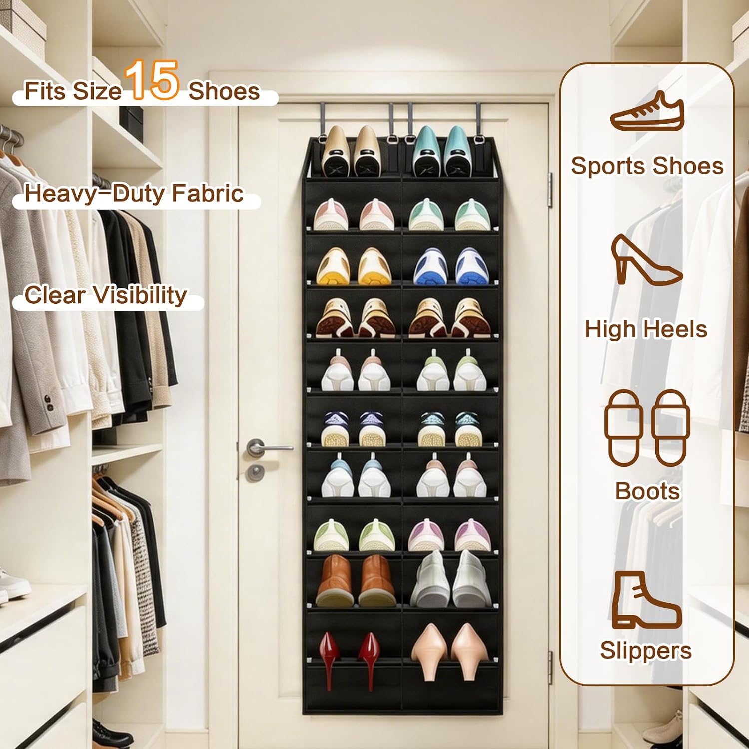 10-Tier Hanging Shoe Rack for Closet, Black