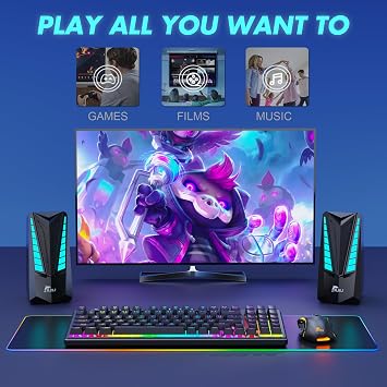 NJSJ Computer Speakers, PC Speakers for Gaming with 7 Dynamic RGB Modes, Volume Control, 2.0 USB-Powered & 3.5mm Aux-in Stereo Multimedia Speakers for Desktop, Laptops, Monitor, Projectors (Black)