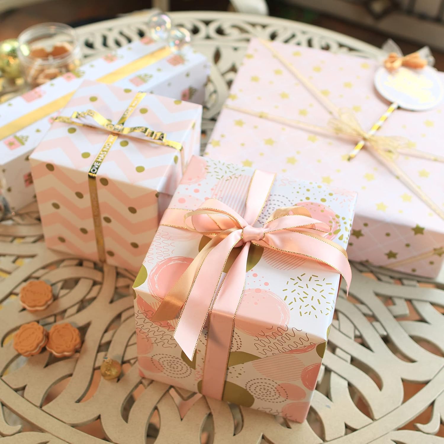 PLULON 6 Sheets Gold and Pink Birthday Gift Wrapping Paper, Gold Pink Gift Wrap Paper for Wedding, Birthdays, Hen Party, Baby Shower Decorations : Health & Household