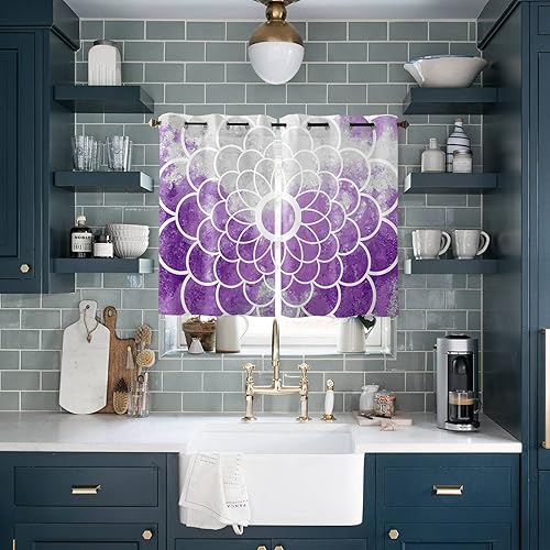 Curtains Panels for Living Room Purple Grey Modern Abstract Art Geometric Floral Window Curtains Light Filtering Grommet Top Drapes for Bedroom