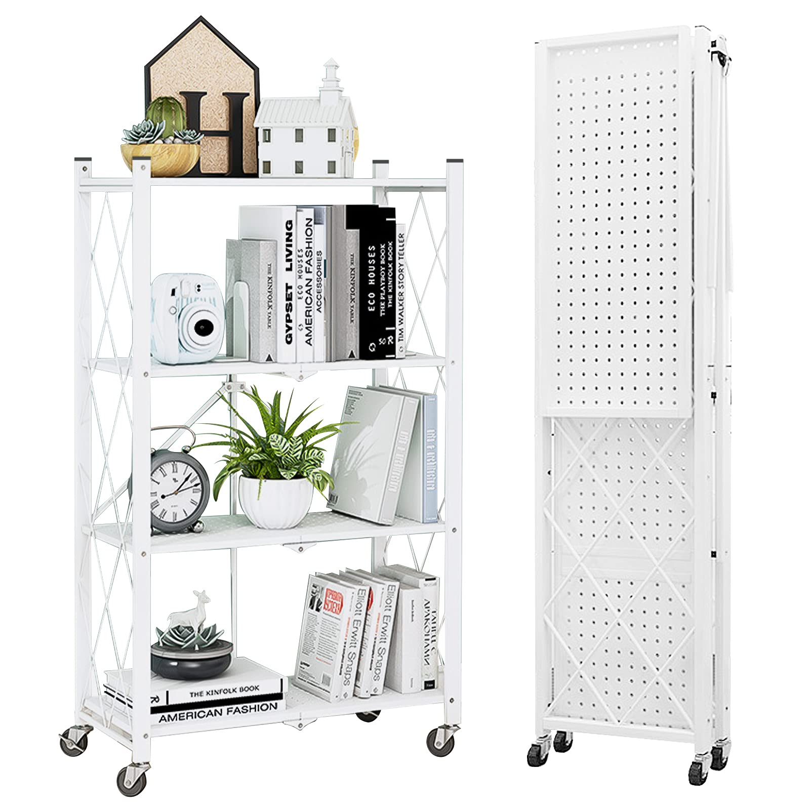 Lanstics 4 Tier Foldable Folding Shelves Heavy Duty Storage Shelving with Wheels Metal Shelf Standing Shelves Units for Home Kitchen Living Room