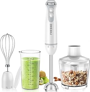 FRESKO 4 in 1 Hand Blender, Minipimer Stainless Steel 1000W Stepless Speed Adjustment and Turbo Includes 500ml Chopper and 700ml Measuring Cup for Feeding, Soup