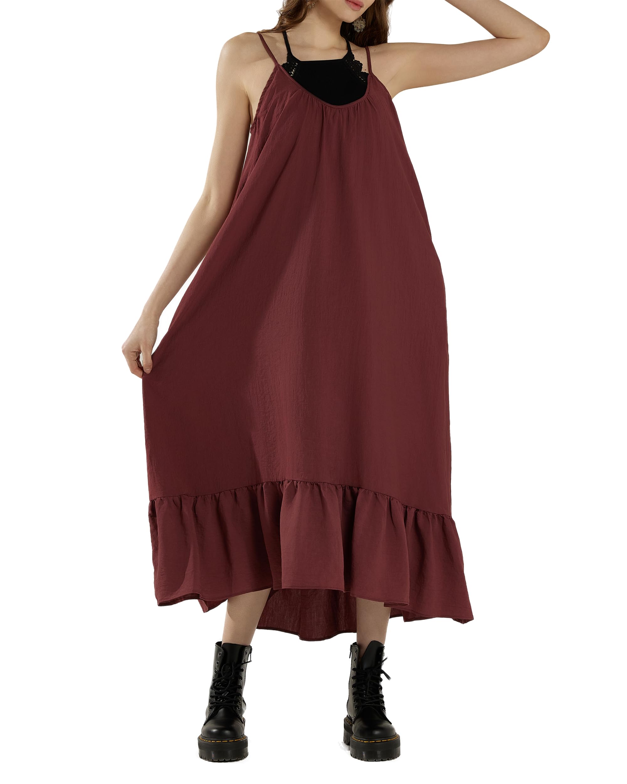 noflik Waterfall Gatered Ruffle Low Back Maxi Dress