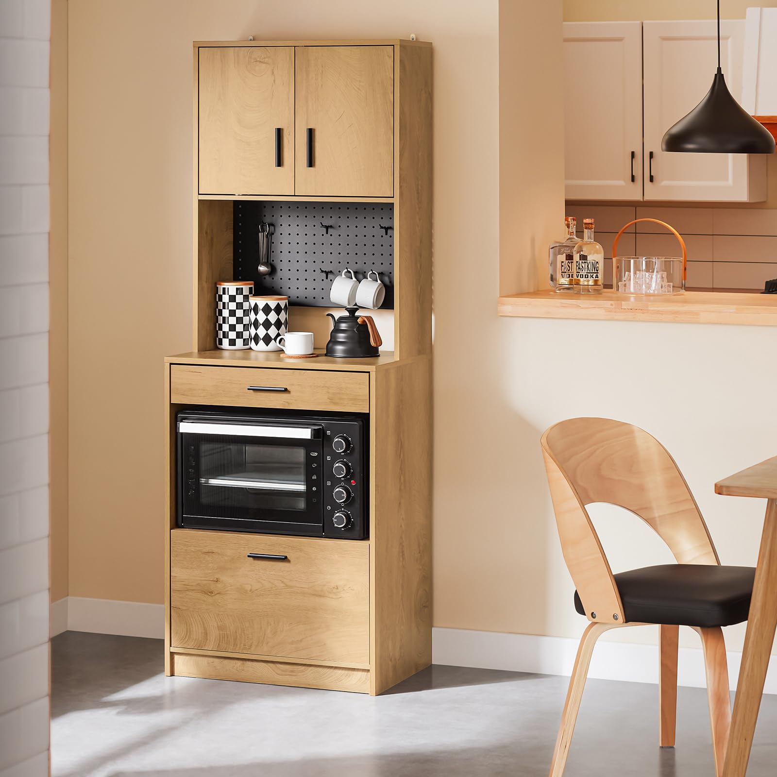 SoBuy Mikrowellenschrank mit Lochwand für Haken & Schublade, 60x170x40cm | Hochschrank mit offenem Fach & viel Stauraum, 10 kg je Fach/5 kg Schublade, PB, für Küche & Vorratsraum & Büro, FSB98-N