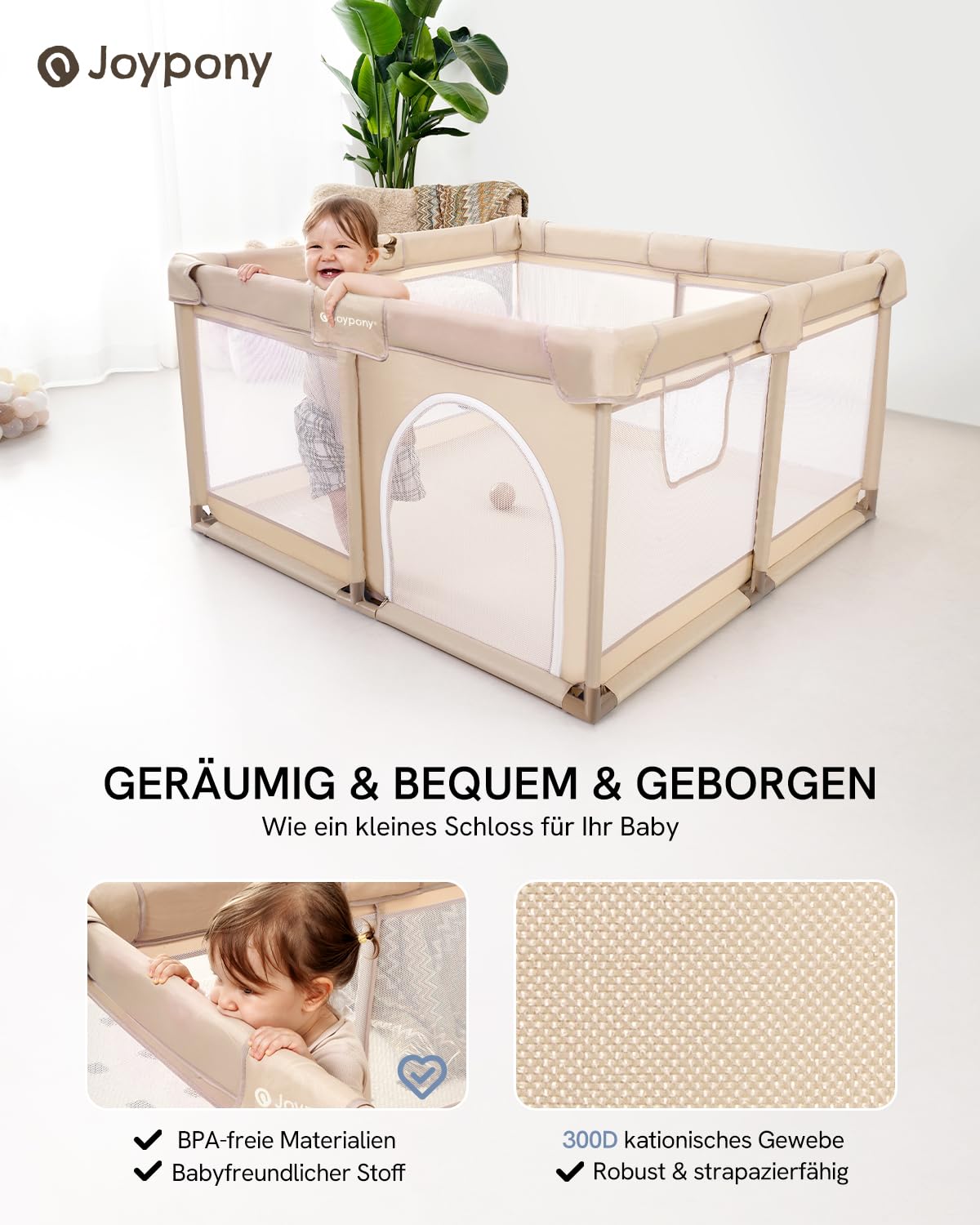 Joypony Parc pour bébé - 127 x 127 cm - Avec filet respirant à 360° - Ventouses antidérapantes - Zone de jeu stable pour bébés et tout-petits - Parc d'intérieur - Beige clair
