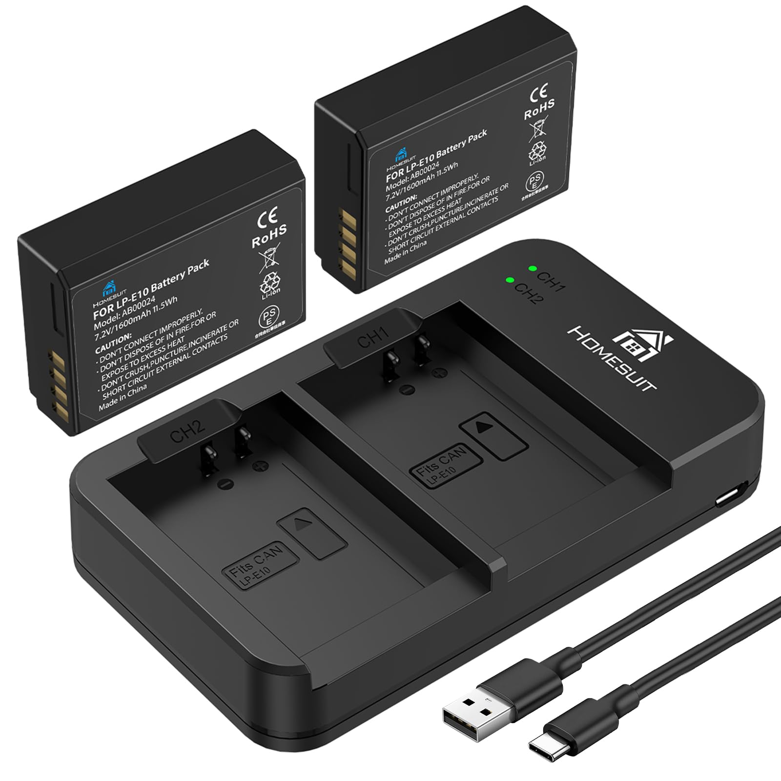 Homesuit LP-E10 Akku 1600mAh & Dual LED Ladegerät Kit für Canon EOS 1100D, EOS 1200D, EOS 1300D, EOS 2000D, EOS Rebel T3, T5, T6, T7, Kiss X50, Kiss X70 Kamera (2er-Pack)