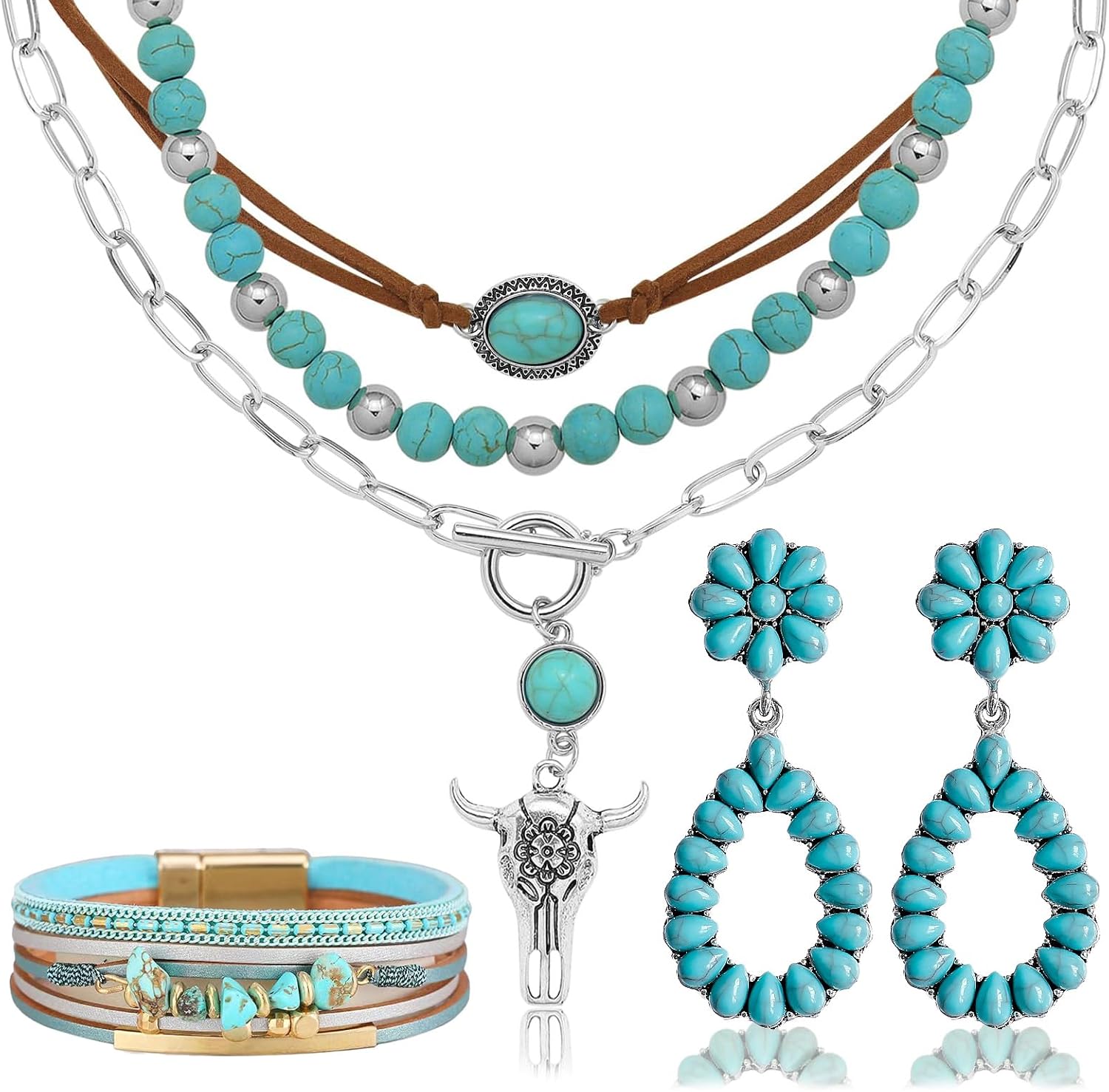 3PCS Western Jewelry for Women Bohemian Set,Boho Vintage Layered Necklace Dangle Drop Earrings Faux Leather Bracelet