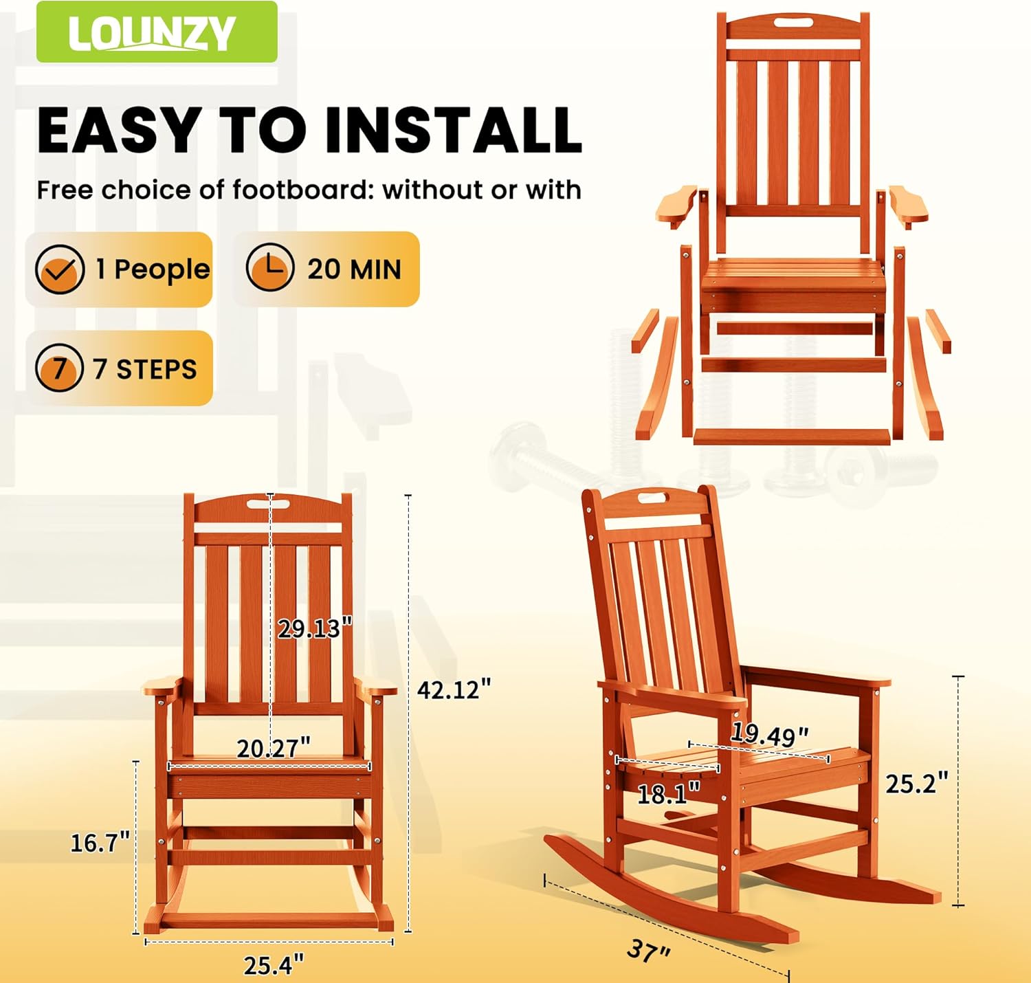 LOUNZY Outdoor Rocking Chair with Footboards Set of 2, HDPE Rocking Chair Patio Porch Rocker with 380lbs Support for Adult, Orange