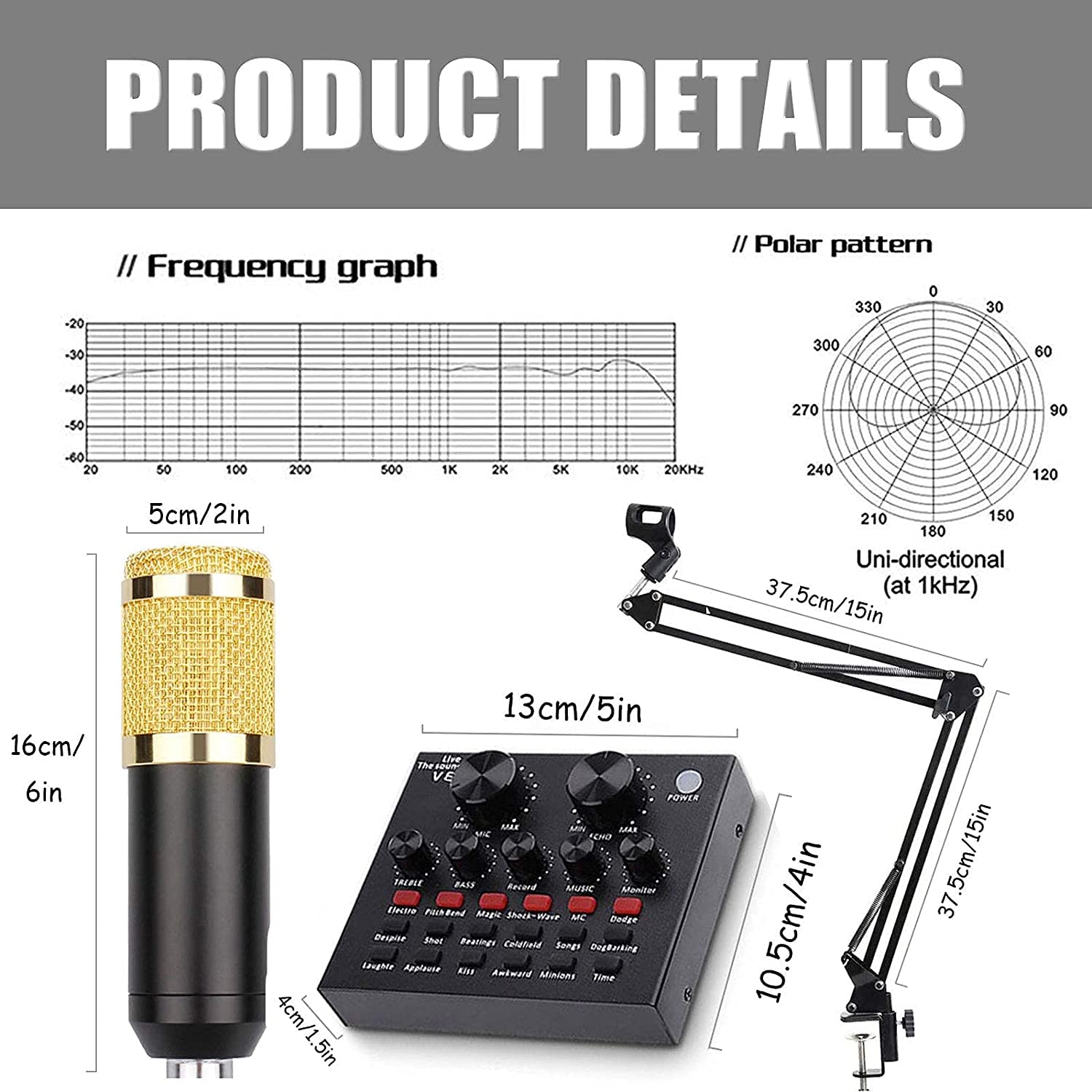 Pacchetto Microfono a condensatore, Scheda Audio Live con Effetti e Cambia Voce, Microfono cardioide con Braccio a Forbice con Sospensione Regolabile, Mini Mixer Audio con Effetti sonor