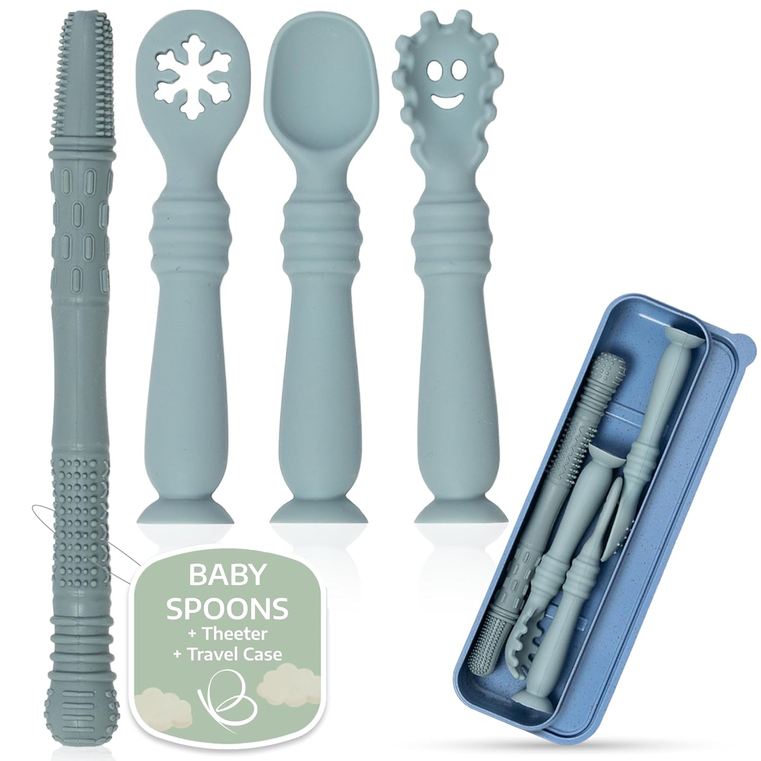 Baby Silicone Spoon Set with Teether and Case – Infant Spoons First Stage with Suction Base – Self feeding spoons for Babies 6-12 Months – Infant Feeding Essentials (Blue)