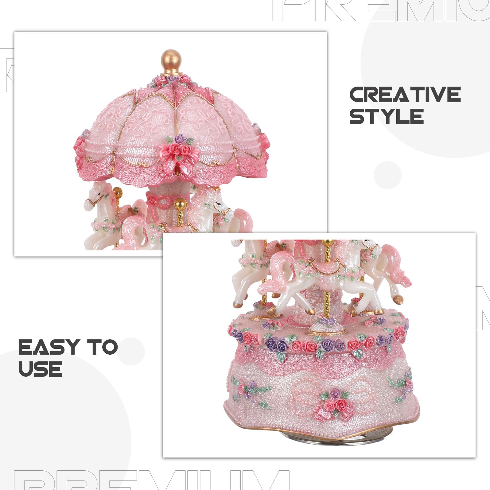 Carillon Giostra con Cavalli, 3 Cavalli, Resina, Rosa | Luci LED Colorate, Melodia Classica Rilassante, Centro Tavolo Natalizio, Regalo Compleanno Ragazze