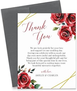 Elegant Wedding Thank You Cards With Roses, FLAT Red and Gold Thank You Cards For Wedding Guests, Personalized Thank You Notes With Message, Your Choice of Quantity and Envelope Color