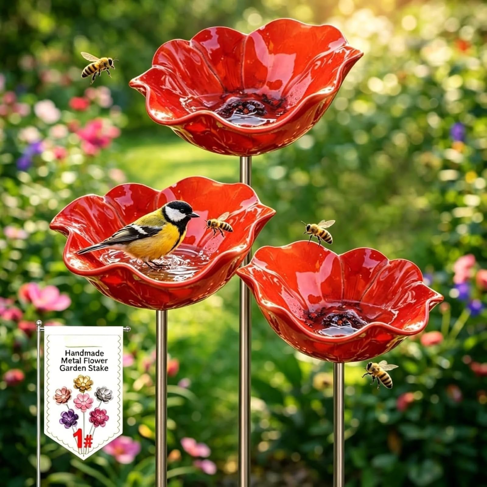 Bird Bath For Garden 3 Pack, Handmade Metal Flower Stakes With Butterfly And Bee Bird Water Feeder, Ornaments And Bird Feeders For Uk, Yard, Lawn And Patio