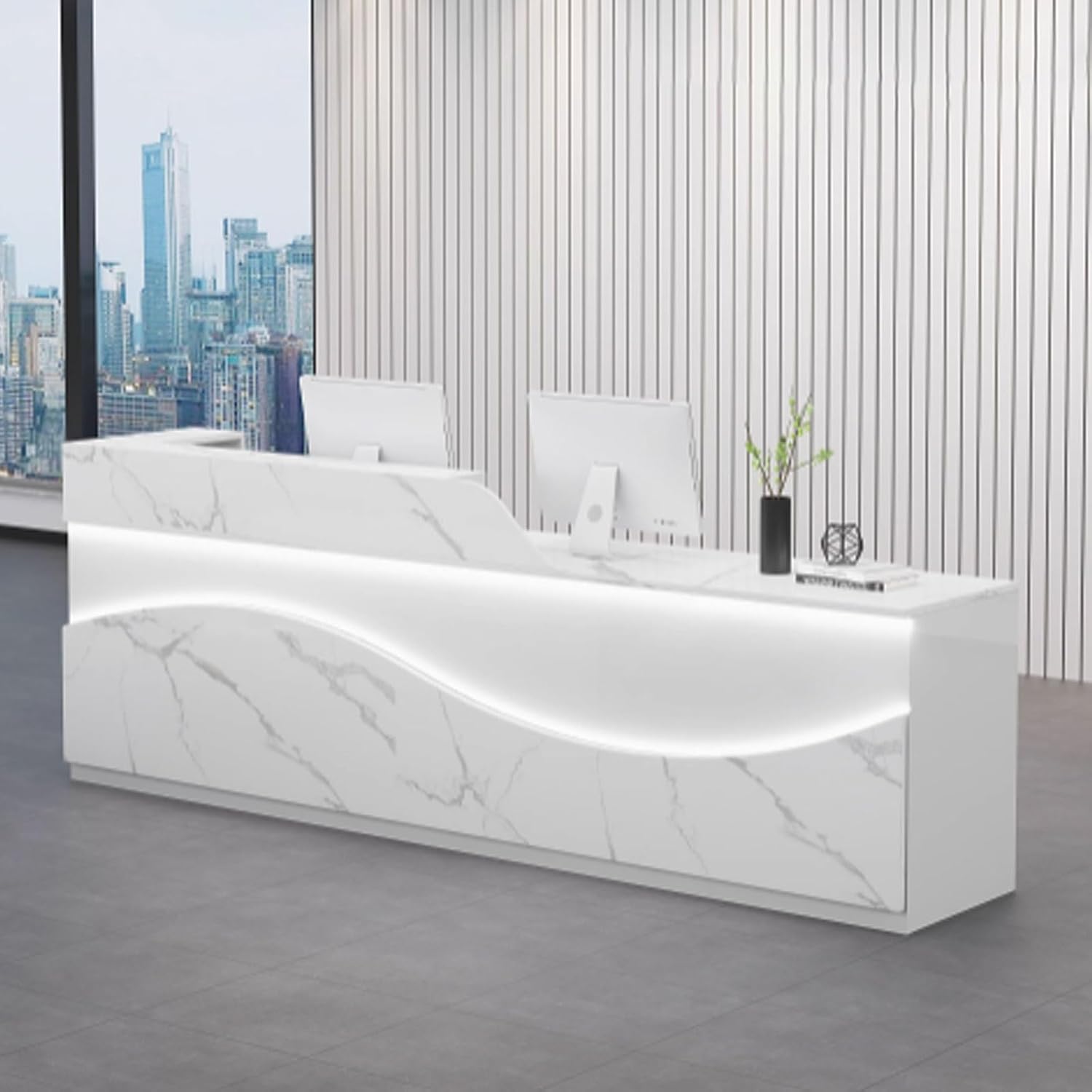 Salon Reception Desk, Receptionist Desk with Storage, Front Desk Reception Counter, Office Counter Table with Soft Lighting for Beauty Salons, Small Business(White+White Texture,1m)
