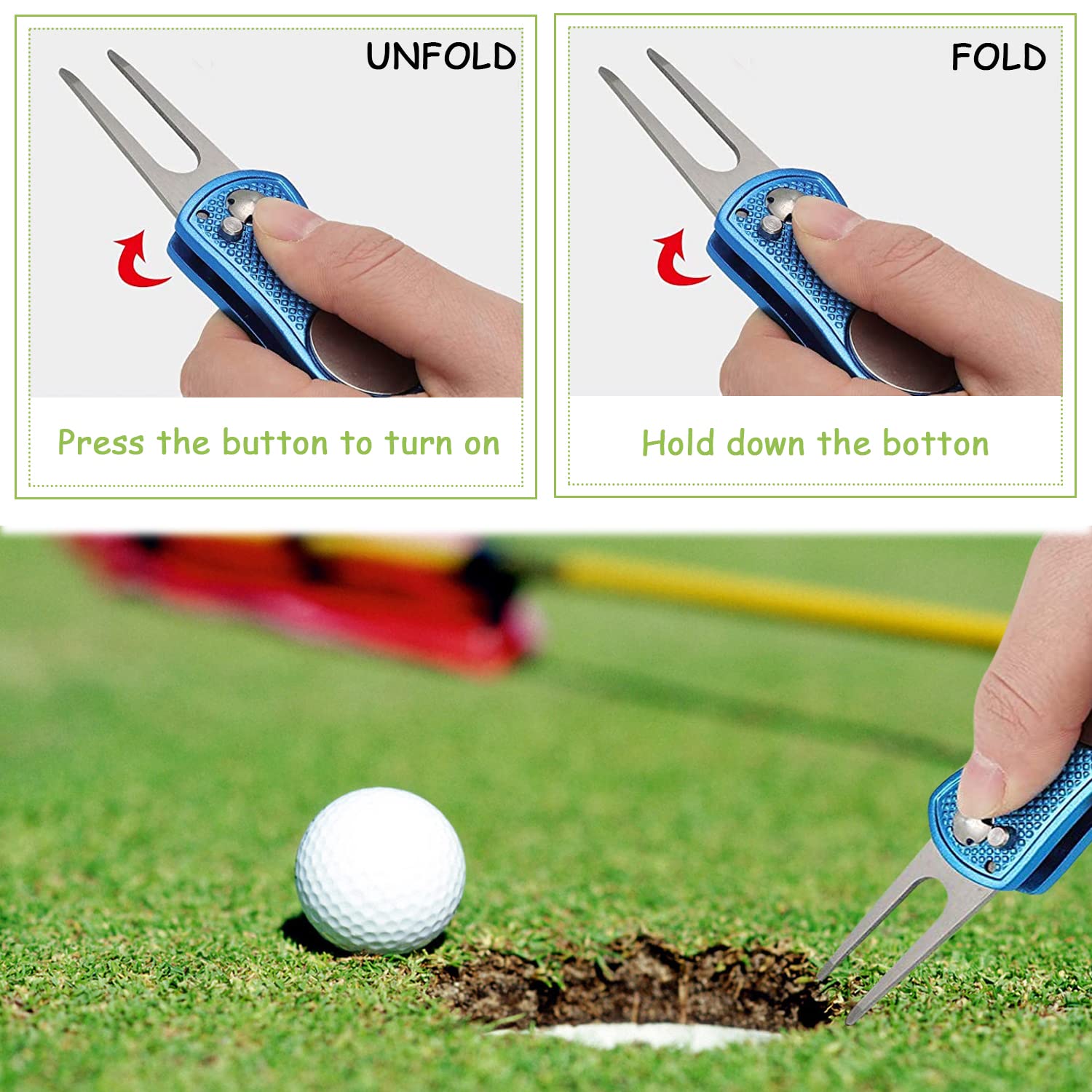 Forchetta da golf 2 pezzi in acciaio inox per riparazione volante con marcatore a palloni