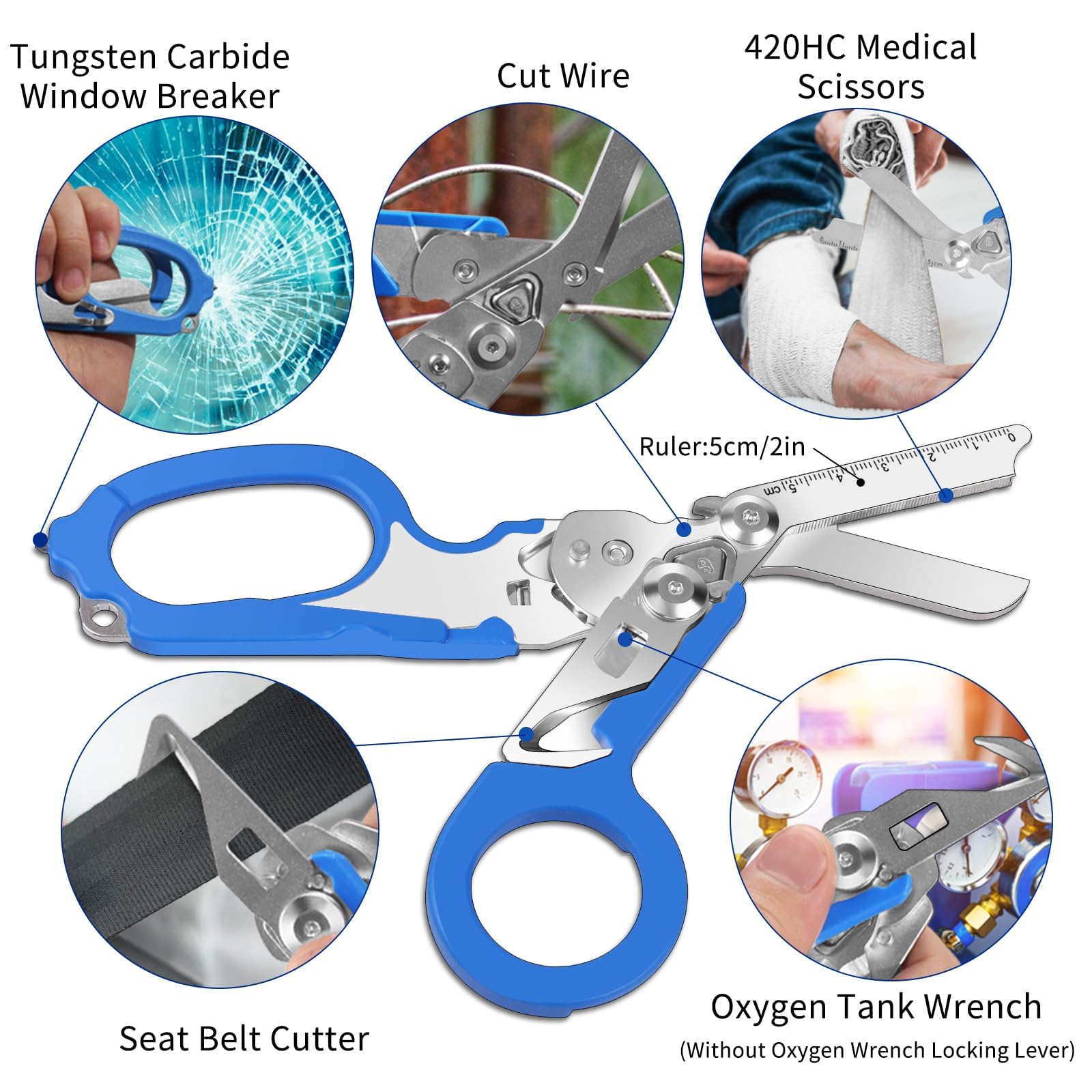 Kevanry 6 in 1 Multi-Function Foldable Trauma Shears with Scissors Pliers & 24 in 1 Multi-Tool Key,Emergency Response Shears with Strap Cutter&Glass Breaker,Rescue Scissors for Outdoor Camping (Blue) - Image 3